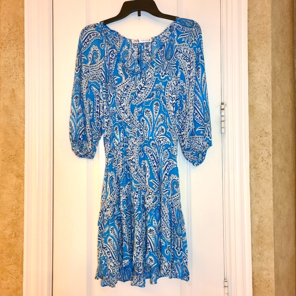 NWOT Zara Boho Blue Floral Paisley Print Dress XS